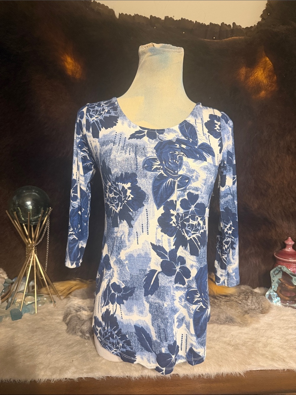 Blue Floral Scoop Neck Women's Top XS (6003)